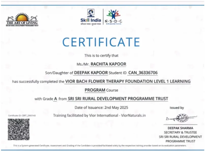 Bach Flower Therapy Foundation Certificate from NSDC — Rachita Kapoor