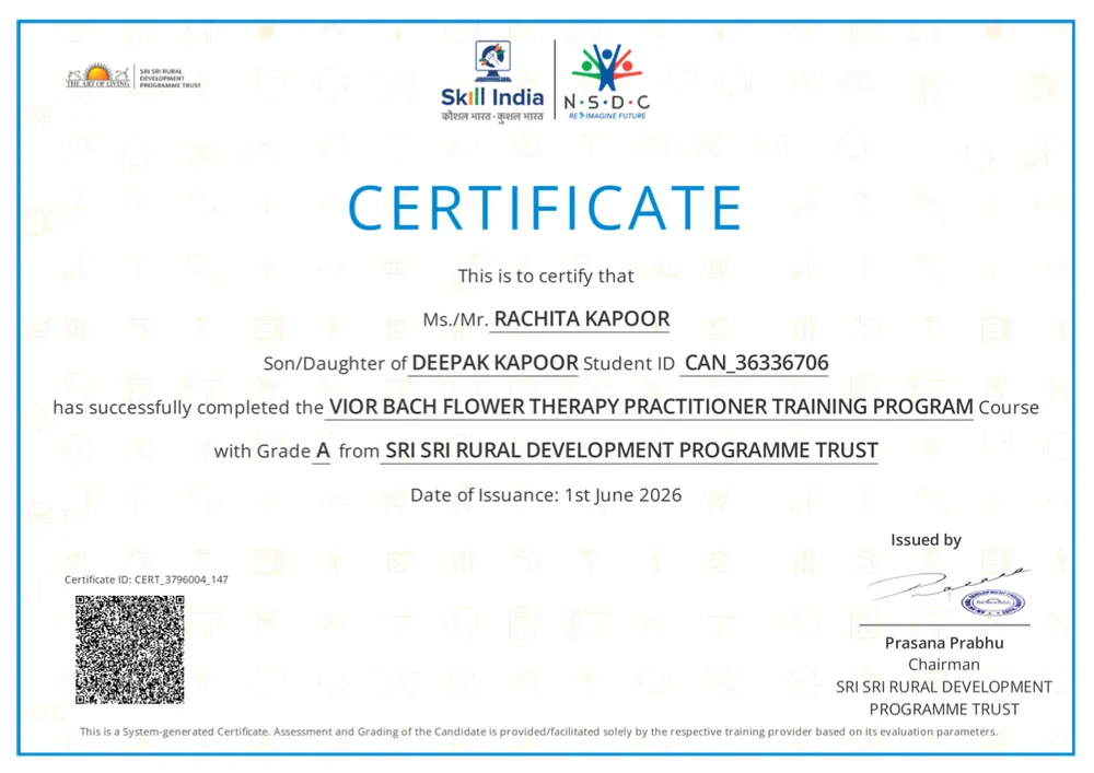 Rachita Kapoor Bach Flower Therapy Practitioner Certificate